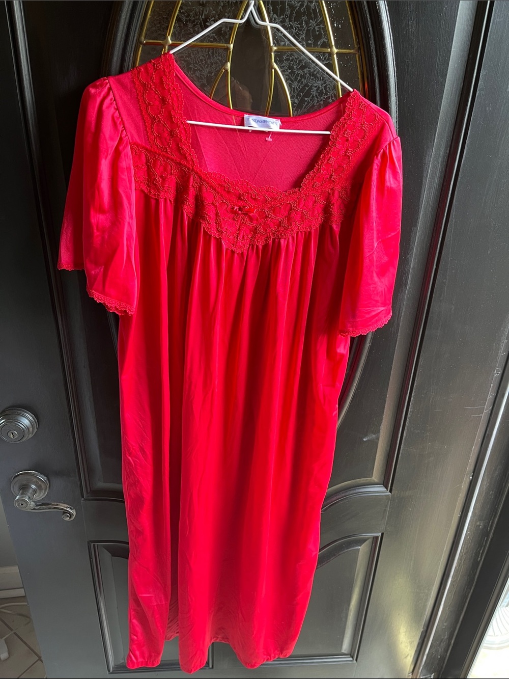 Red Lace-Trim Midi Nightgown by Unbranded